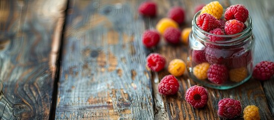 Sticker - Red and yellow raspberries in a glass jar on a rustic wooden surface with ample copy space image