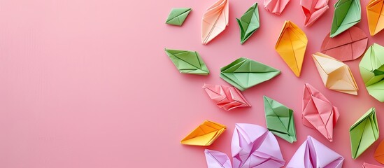 Aufkleber - Lovely origami leaves showcased on a pretty pink backdrop with ample copy space image