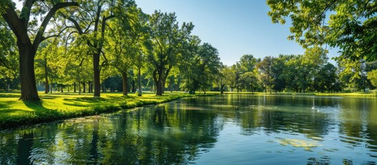 Canvas Print - A picturesque outdoor park with stunning trees set against a clear water foreground suitable as a versatile backdrop with a copy space image