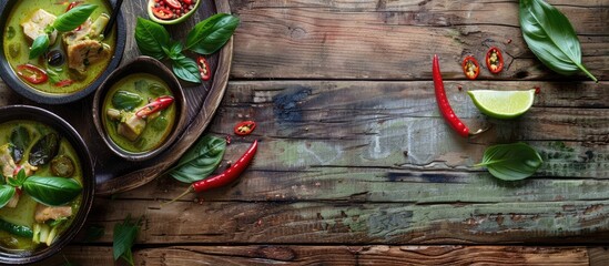 Canvas Print - Green curry pork displayed on a rustic wooden table with ample copy space for text or image