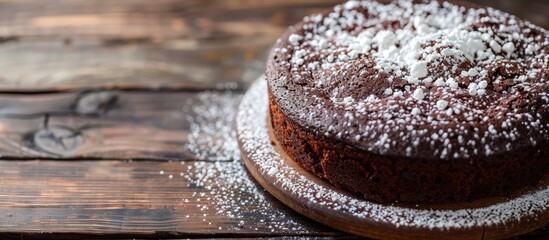 Poster - Rustic chocolate cake topped with powdered sugar displayed on a wooden table with copy space image