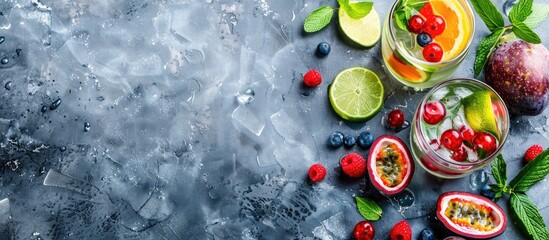 Wall Mural - Copy space image of passion fruit berries summer mojito with lime mint drink on a gray stone table perfect for a bar s alcohol drink menu