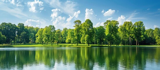 Aufkleber - A picturesque outdoor park with stunning trees set against a clear water foreground suitable as a versatile backdrop with a copy space image