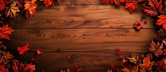 Aufkleber - Top view of a vintage wooden table with a frame of autumn leaves on the left side providing a copy space image for your design or product display