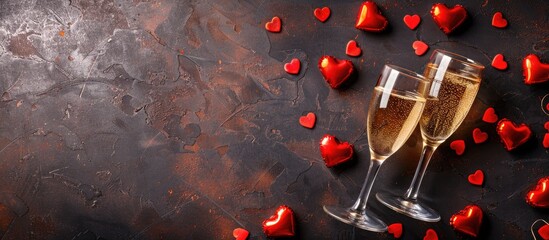Leinwandbilder - A romantic Valentine s Day card featuring champagne glasses and heart shaped candies shown from above with space for text or images such as in a flat lay composition. Creative banner. Copyspace image