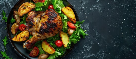 Sticker - A grilled chicken leg served with roasted potato and lettuce on a plate with copy space image