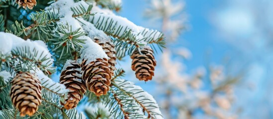 Fototapete - Snow covered spruce branches holding cones atop a natural Christmas tree under a blue sky in a copy space image