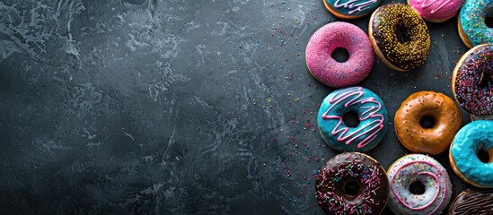 Poster - A variety of vibrant donuts displayed on a stone surface viewed from above with an empty area for text or images. Creative banner. Copyspace image