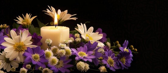 Fototapete - Purple and white flowers arranged with a glowing white candle symbolizing sympathy and condolences set against a black background with copy space image