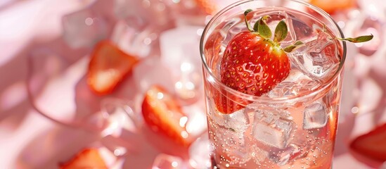 Aufkleber - A refreshing cold strawberry water drink with ice garnished with a single strawberry set against a bright backdrop shown from the side designed with copy space image for text in a banner