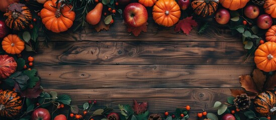 Poster - Top view of a wooden table adorned with autumn pumpkins fruits and fall leaves creating a Thanksgiving themed setting with ample copy space image