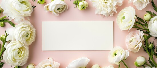 Aufkleber - Feminine flat lay floral background featuring white lysianthus and ranunculus flowers with a blank note for copy space image