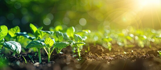Fototapete - Row of healthy green plants on a sunny afternoon background ideal for gardening or farming concepts with copy space image