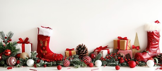 Aufkleber - Holiday themed arrangement featuring Christmas decorations gift boxes Santa s boots and sleigh on a white backdrop Festive background with empty copy space for text