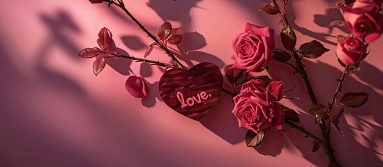 Leinwandbilder - A modern Valentine s Day or Wedding themed image featuring blooming roses on a branch a heart engraved with Love set against a pink background with a hard light casting dark shadows offering copy spac