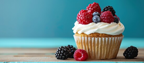 Aufkleber - Homemade birthday cupcake adorned with fresh raspberries and blackberries topped with cream on wooden desk against blue backdrop with copy space image