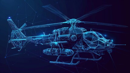 Combat helicopter in modern futuristic style with dark blue and lights illustration. War chopper with machine gun and rocket launcher in wireframe style for military air force mock up template.