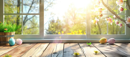 Aufkleber - A sunny day with a white window and an Easter theme on a wooden board with ample copy space image for decoration and product display