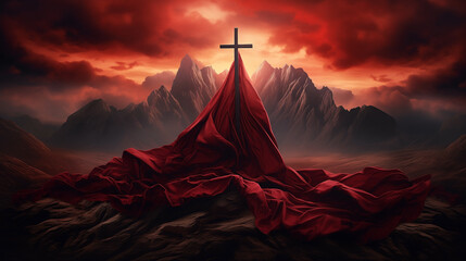 Poster - Crucifix of Jesus Christ stands atop the mountain, with a red flag waving nearby, symbolizing faith, hope, and religion against the vast landscape. crucifix, jesus christ, cross, mountain, red flag.