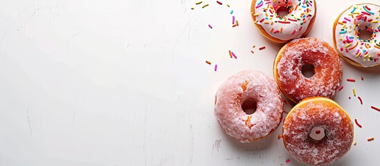 Sticker - Glazed donuts on white background with room for text in a flat lay copy space image