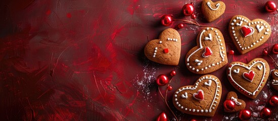 Aufkleber - Valentine s Day concept with heart shaped gingerbread cookies on a dark red background enhancing the copy space image