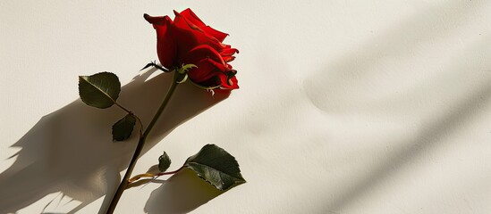 Poster - Romantic symbol for Valentine s Day a lovely red rose casting a dark shadow on a white backdrop perfect for a copy space image