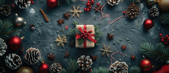 Poster - A festive image with various Christmas elements perfectly arranged for a charming display featuring a present at the center with surrounding seasonal decorations ideal for holiday designs with copy s