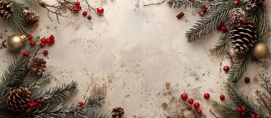 Poster - Top view of a festive Christmas themed grunge background with decorations like fir twigs berries baubles pine tree branches and cones on a light background with space for text or image insertion