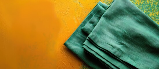 Poster - Copy space image showing a top down view of a green kitchen napkin neatly folded on a table set against an isolated background in a minimalistic flat lay style