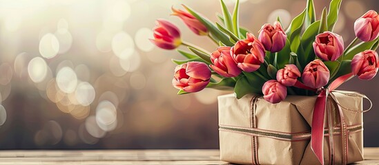 Fototapete - A Mother s Day greeting card with tulips and a gift displayed on a table accompanied by copy space for adding personalized text
