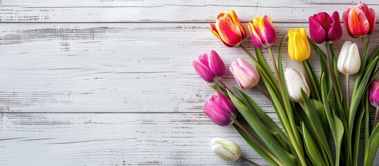 Aufkleber - Easter themed setting with a vibrant tulip bouquet arranged on a vintage white wooden surface creating a picturesque copy space image