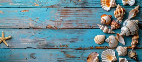 Fototapete - Seashells on blue wood create a seaside vacation vibe with a copy space image on wooden planks