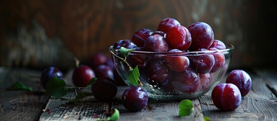 Poster - A glass bowl filled with ripe sweet plum fruits sits next to scattered plums on a dark moody wood table in bright light ideal for a copy space image