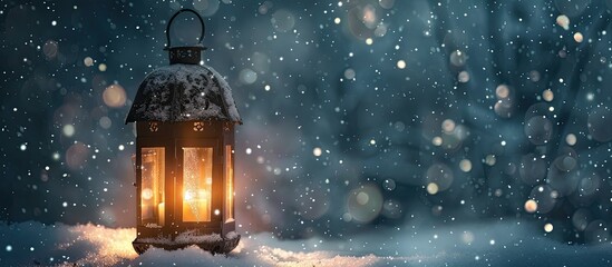 Fototapete - Lantern casting a warm glow against a snowy backdrop with copy space image