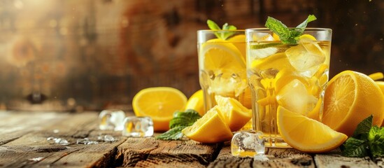 Aufkleber - Refreshing summer lemonade with lemon slices mint leaves and ice cubes in two glasses on a wooden surface accompanied by a backdrop suitable for a copy space image