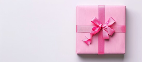 Wall Mural - A pink gift box displayed from above on a blank white backdrop with ample copy space image