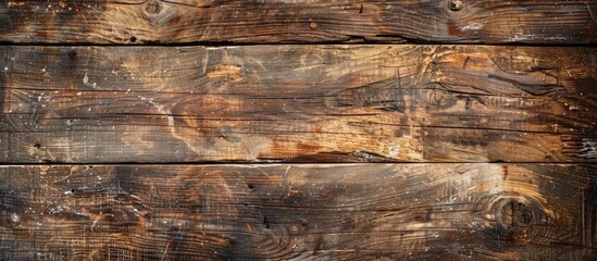 Poster - Weathered scratched and dirty an old brown wooden table and wall create a rustic timber background panorama banner with ample copy space image