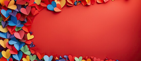 Leinwandbilder - LGBT concept represented by a frame with colorful paper hearts on a red background with copy space image