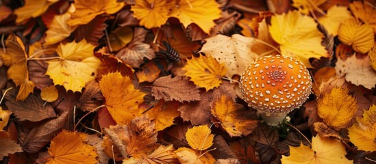 Wall Mural - fall leaves encircle a mushroom on the ground creating a picturesque scene with copy space image