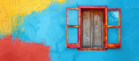 Poster - Wooden window display on wall with vibrant colors and copy space image