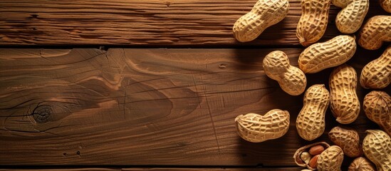 Poster - Top view of peanuts in shells on a wooden backdrop with space for adding text or images a perfect copy space image