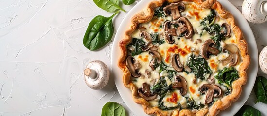 Poster - Pie with mushrooms spinach and cheese displayed on a white background with copy space image