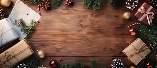 Aufkleber - Wooden table decorated for Christmas with white paper holiday trinkets and a space for text in a top view copy space image for wish lists or plans
