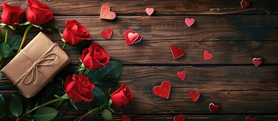 Wall Mural - Valentine themed setup featuring red roses paper hearts and a gift box on wooden background suitable for a copy space image Ideal for conveying love and romance on Valentine s Day