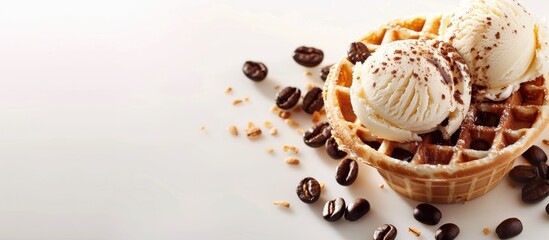 Aufkleber - Waffle cup filled with vanilla and coffee ice cream with a blank space for an image. Creative banner. Copyspace image