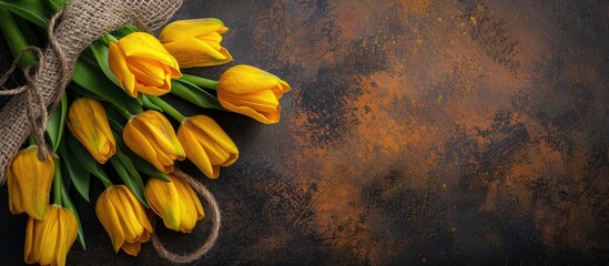 Poster - Yellow tulips arranged on a rustic brown backdrop with copy space image
