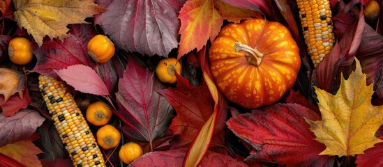 Fototapete - Top view of a fall themed arrangement featuring yellow and red leaves a pumpkin and corn designed as a postcard with copy space image