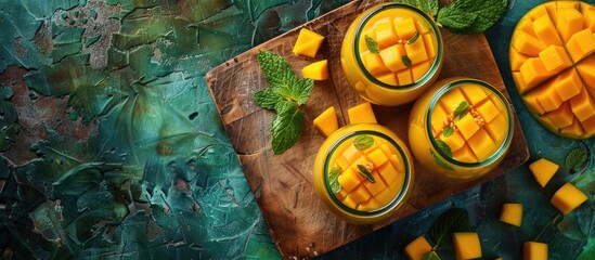 Aufkleber - Top view of two mango smoothies with diced mango on a chopping board with copy space image