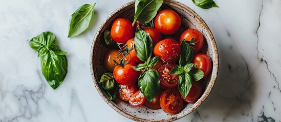 Aufkleber - An overhead view of a bowl filled with organic tomatoes leaves and Basil creating a picturesque copy space image