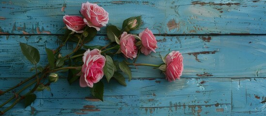 Poster - Vintage style copy space image of roses on a blue wooden surface for adding text